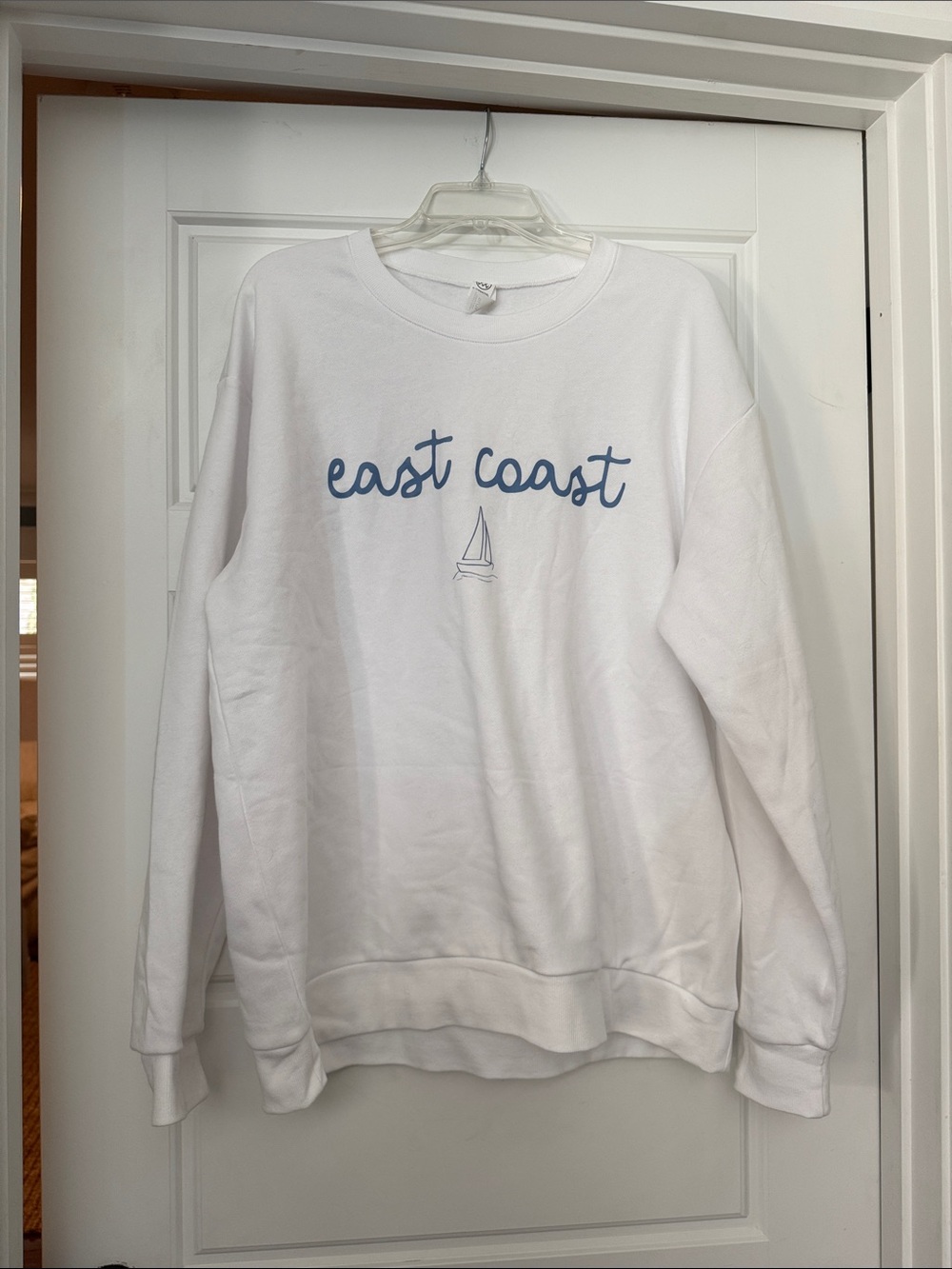 Alternative White Crewneck with Blue 'east coast' Script